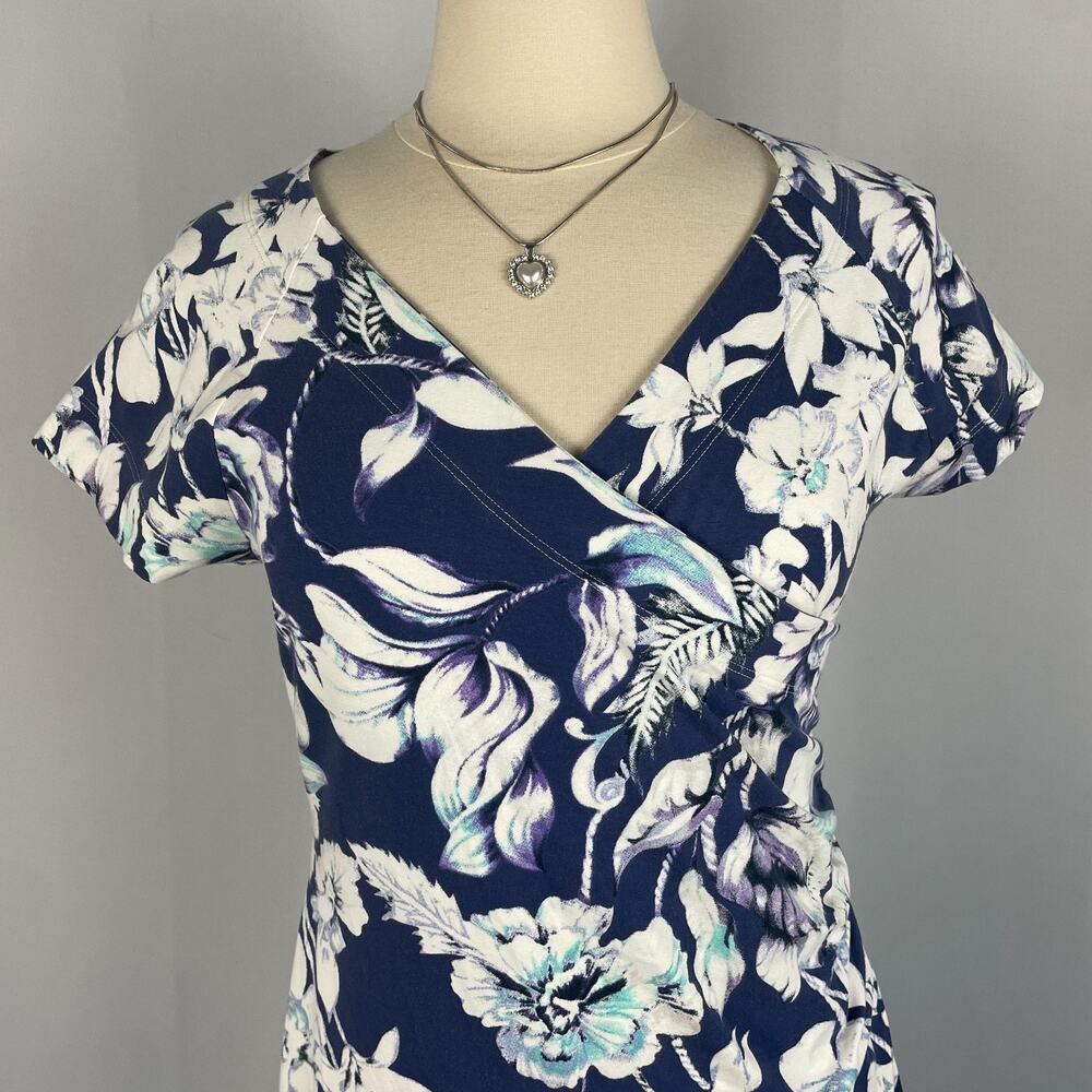 Soft Surroundings Shapely Faux Wrap Dress Medium Blue Floral Cotton Stretch Boho - Picture 3 of 12
